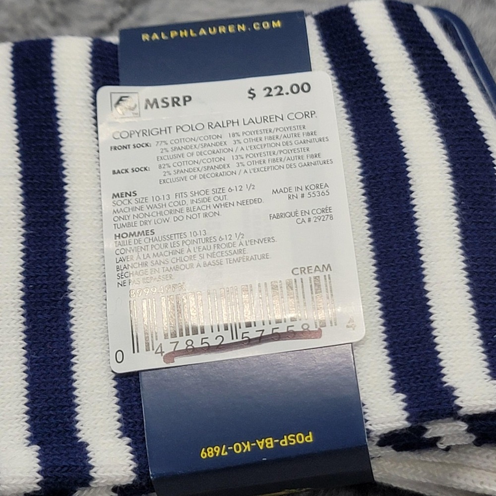 Polo Ralph Lauren Crew Socks Mens 10-13 White Nautical 67 Stripe Mid Calf 2 Pack - Picture 3 of 4